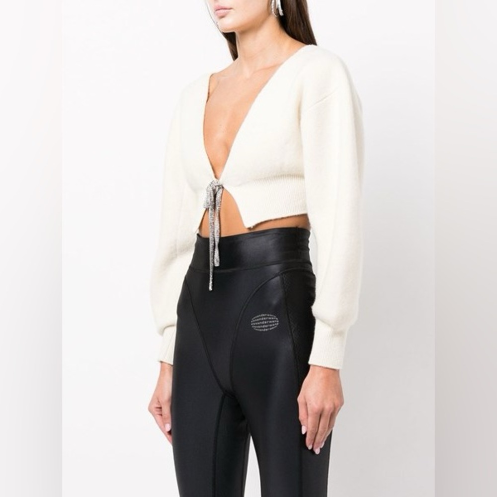 Alexander Wang V-Neck Cropped Cardigan w/ Crystal Tie Embellished Sweater